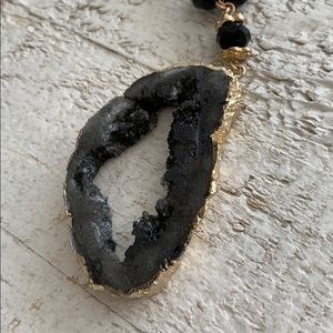 Black Stone Necklace on Beaded Faux Gold Chain